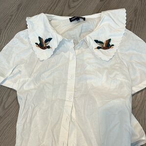 MODCLOTH PRINCESS HIGHWAY WHITE BUTTON UP COLLARED SHIRT WITH MALLARD DUCKS
